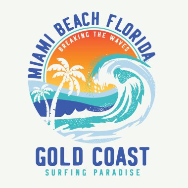 Miami plaj sörfü afişi, vektör illüstrasyonu
