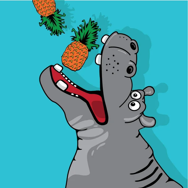 Stylowy Sztandar Hipopotamem Jedzącym Ananasy Ilustracja Wektora — Wektor stockowy