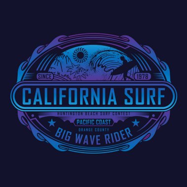 California Sörf Sörfü ile şık bayrak Büyük dalga sürücüsü yazıt, vektör illüstrasyon