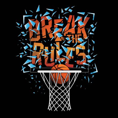 Kırılma kuralları, yazıtlar ve basketbol oyunuyla şık bir pankart, vektör illüstrasyonu