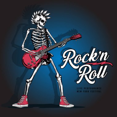 Gitarda kafatası çalan şık bir afiş, vektör illüstrasyonu