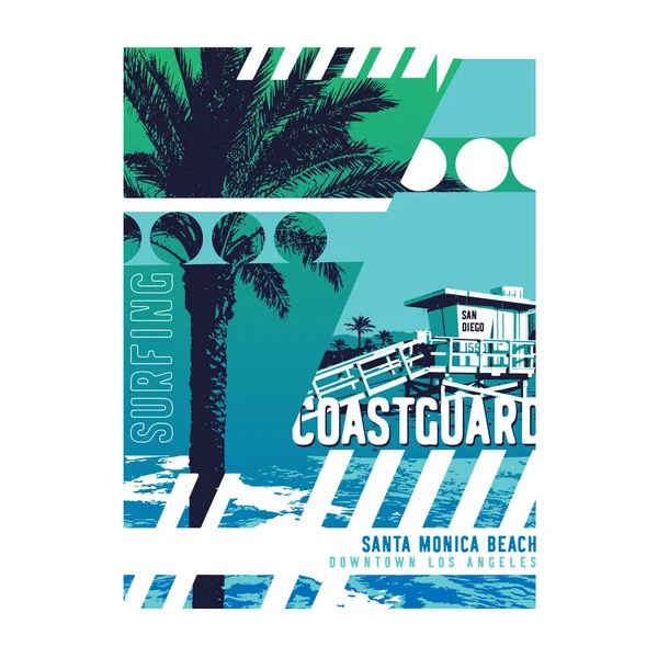Elegante Banner Surf Playa Santa Monica Ilustración Vectorial — Vector de stock