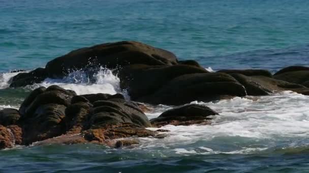 Vagues Écrasent Sur Rocher Dans Mer Macro — Video