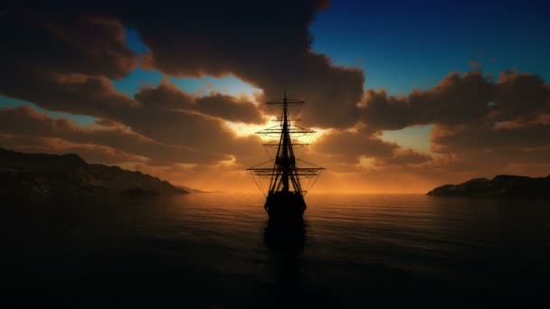 Ηλιοβασίλεμα Παλιά Πανιά Πλοίο Από Λιμάνι — Αρχείο Βίντεο