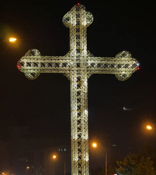 Cruz Ortodoxa Luz Noche —  Fotos de Stock