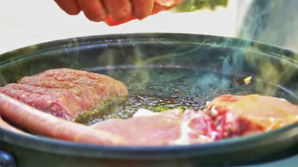 Close Shot Grilling Meat — Stock Video