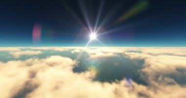 Bulutların üzerinde uç günbatımı manzarası. 3d resimleme