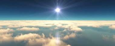 Bulutların üzerinde uç günbatımı manzarası. 3d resimleme