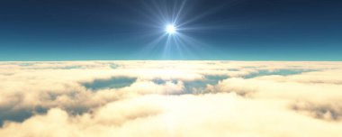 Bulutların üzerinde uç günbatımı manzarası. 3d resimleme