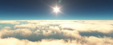 Bulutların üzerinde uç günbatımı manzarası. 3d resimleme