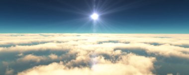 Bulutların üzerinde uç günbatımı manzarası. 3d resimleme