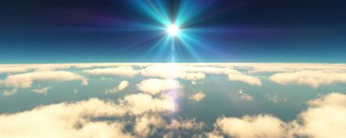 Bulutların üzerinde uç günbatımı manzarası. 3d resimleme