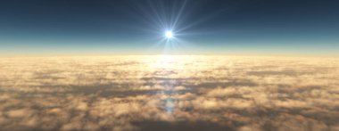 Bulutların üzerinde uç günbatımı manzarası, üç boyutlu resimleme