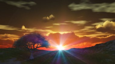 Çayırda gün batımı ve yalnız ağaç, üç boyutlu resimleme