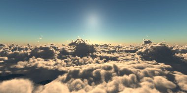 Bulutların üzerinde uç günbatımı manzarası, üç boyutlu resimleme