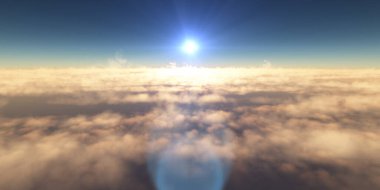 Bulutların üzerinde uç günbatımı manzarası, üç boyutlu resimleme