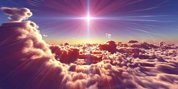 Bulutların üzerinde uç günbatımı manzarası, üç boyutlu resimleme