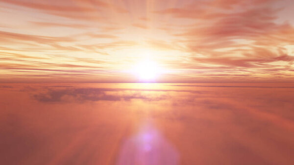 Fly above clouds sunset landscape, 3d render illustration