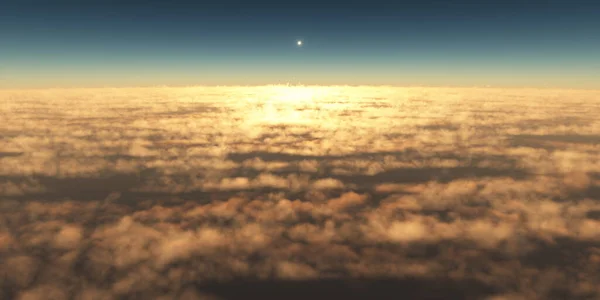 雲の上を飛ぶ夕日の風景3Dレンダリング図 — ストック写真