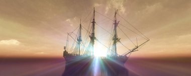 Eski gemi günbatımında deniz 3D resimleme