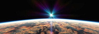 Bulutlu okyanus üzerinden Dünya 'nın doğuşu. 3d resimleme