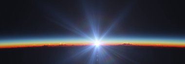 Bulutlu okyanus üzerinden Dünya 'nın doğuşu. 3d resimleme