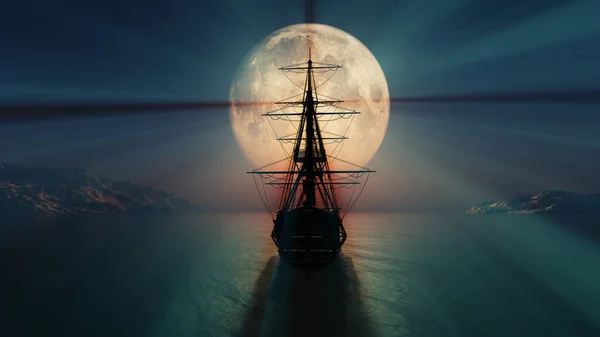 Dolunayda eski bir gemi. 3D çizim.