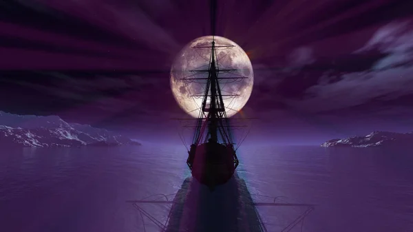 Régi Hajó Éjszakában Telihold Render Illusztráció — Stock Fotó