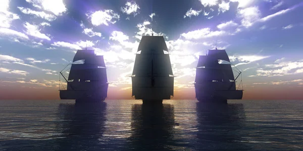 Old Three Ships Sunset Sea Rendering Illustration — Stock Photo, Image
