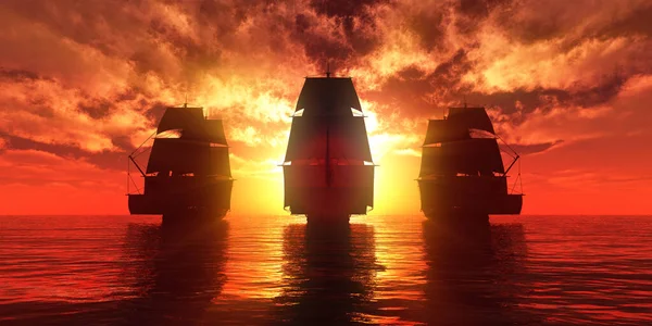 Old Three Ships Sunset Sea Rendering Illustration — Stock Photo, Image