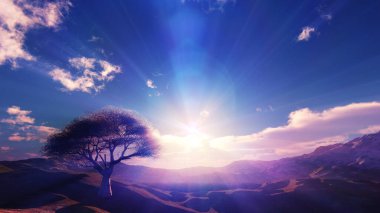 Çayırda gün batımı ve yalnız ağaç, üç boyutlu resimleme