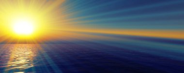 Gün batımı deniz ışığı gökyüzü berrak, üç boyutlu resimleme