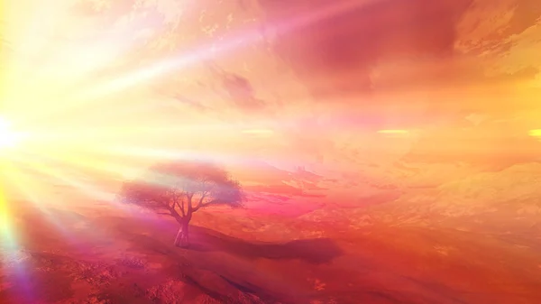Zachód Słońca Łące Samotne Drzewo Ilustracja Renderowania — Zdjęcie stockowe