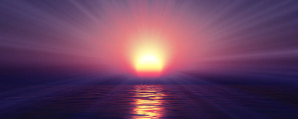 Sunset sea sun ray clear sky, 3d rendering illustration