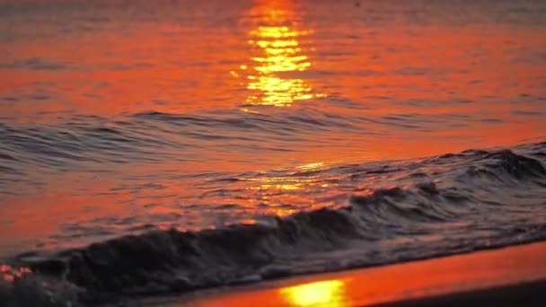 Ola de playa salpicando macro en puesta de sol — Vídeos de Stock