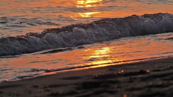 Ola de playa salpicando macro en puesta de sol — Vídeo de stock