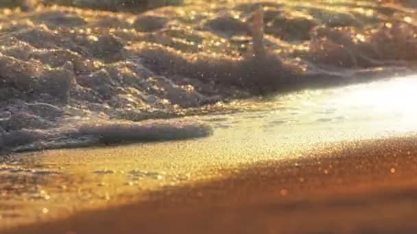 Onda de praia salpicando macro no pôr do sol 4k — Vídeo de Stock