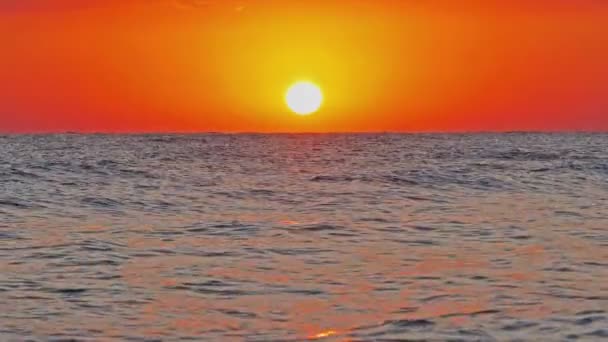 Sol grande abajo sobre mar, cielo rojo cámara lenta 4k — Vídeos de Stock