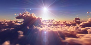 Bulutların üzerinde uç günbatımı manzarası, üç boyutlu resimleme