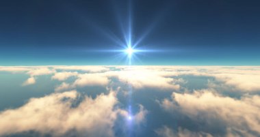 Bulutların üzerinde uç günbatımı manzarası. 3d resimleme