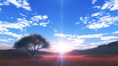 Çayırda gün batımı ve yalnız ağaç, üç boyutlu resimleme