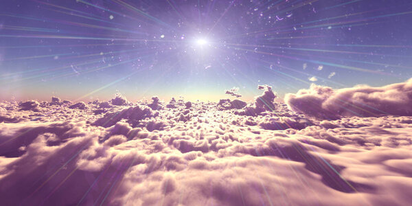 fly above clouds sunset landscape, 3d render illustration