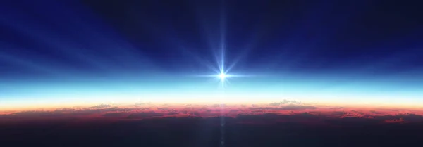 在多云的海洋上空 从太空升起的太阳 3D渲染说明 — 图库照片