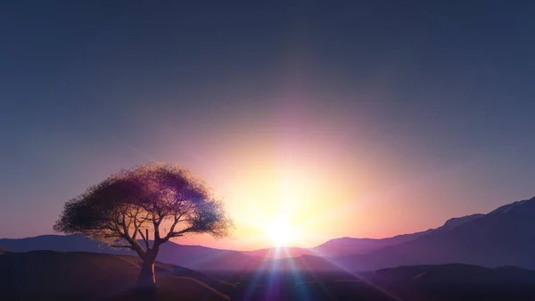 Sunset Meadow Lonely Tree Render Illustration — Stock Photo, Image