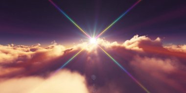 Bulutların üzerinde gün doğumu güneş ışığı çizimi, 3 boyutlu görüntüleme