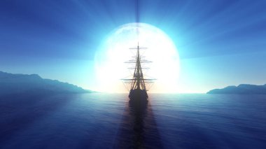 Denizde eski bir gemi dolunay çizimi 3D