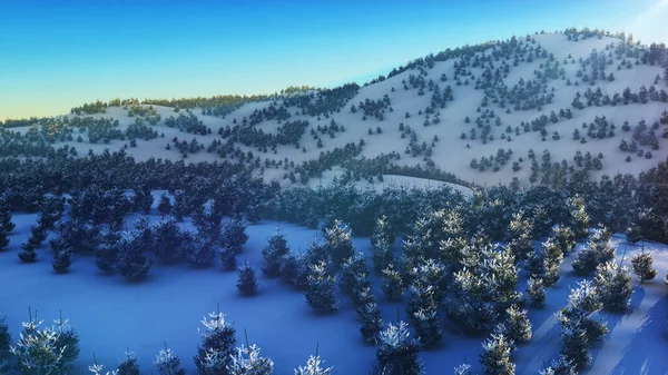 Nad Zimą Las Góry Zachód Słońca Renderowania Ilustracja — Zdjęcie stockowe