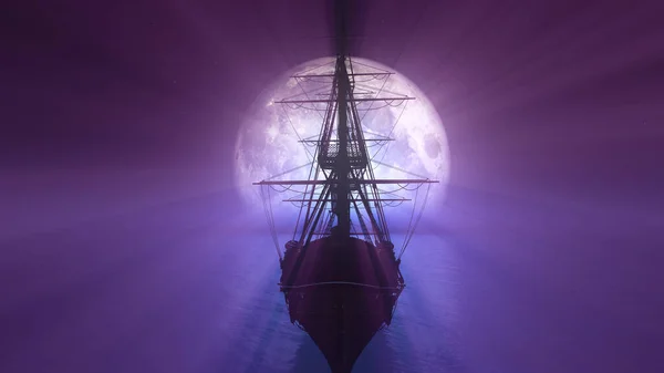 Viejo Barco Mar Luna Llena Ilustración Renderizado — Foto de Stock