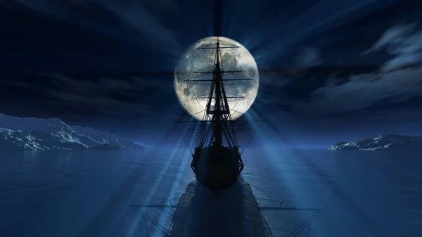 Régi Hajó Éjszakában Telihold Render Illusztráció — Stock Fotó