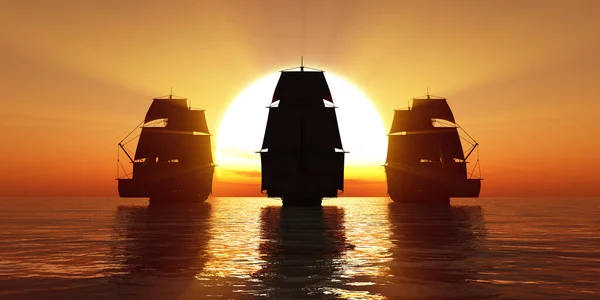 Old Three Ships Sunset Sea Rendering Illustration — Stock Photo, Image